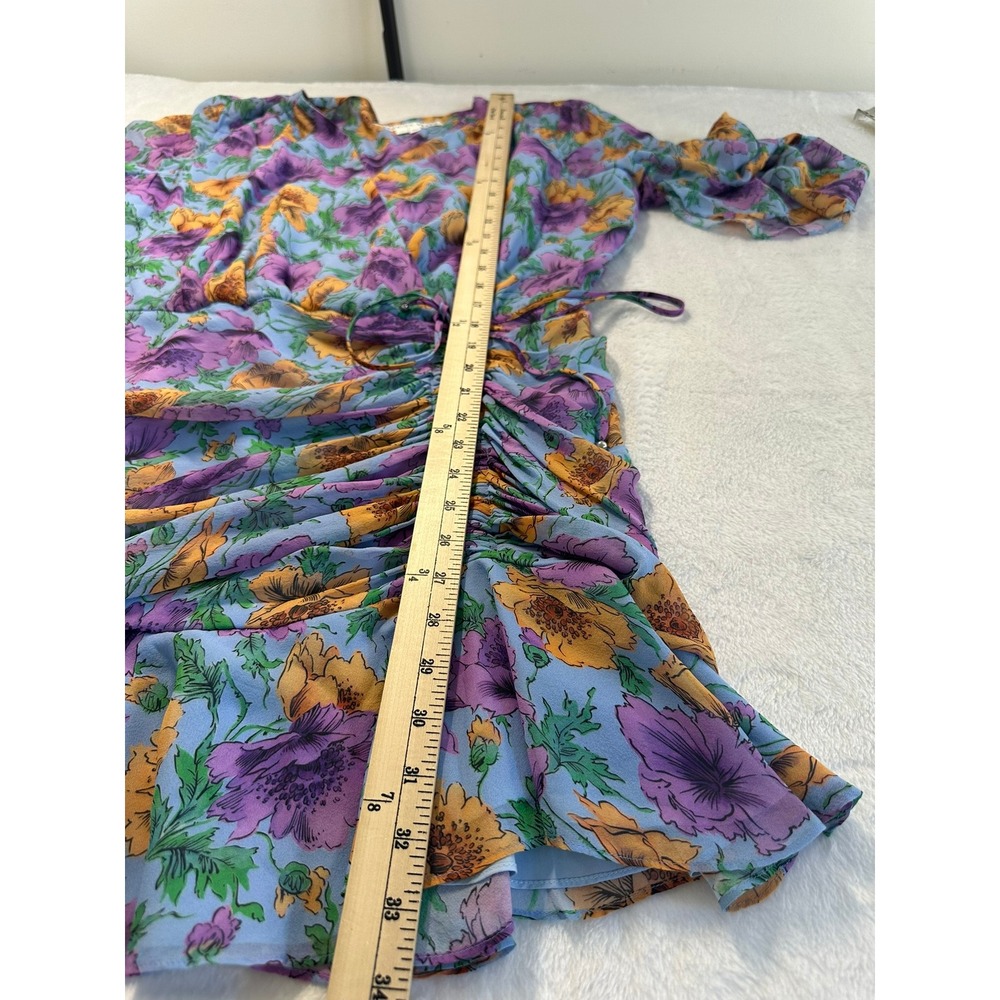 Veronica Beard Silk Floral Mini Dress 12 Blue Purple Excellent Ruched Bell - Picture 3 of 8